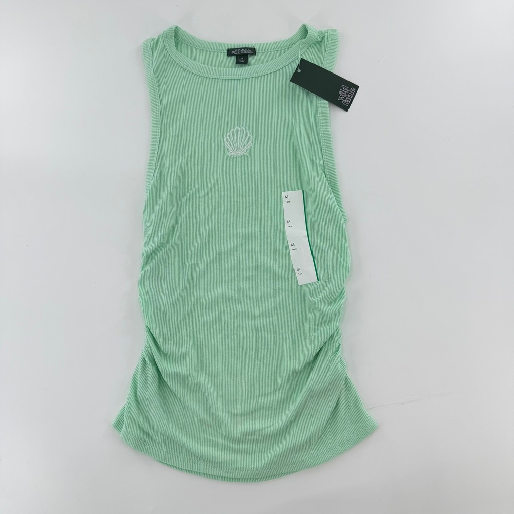 Wild Fable Tank Top Ruched Side Embroidered Seashell Women Medium Mint Green NWT
